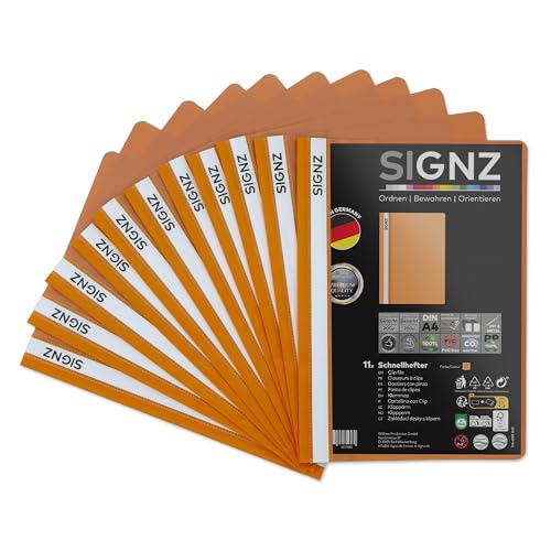 SIGNZ Schnellhefter DIN A4, stabil, 11 Stück, orange, transparenter Deckel, CO2-neutral hergestellt, aus recycelbarem Kunststoff (PP), FSC Mix 70%, made in Germany von signz