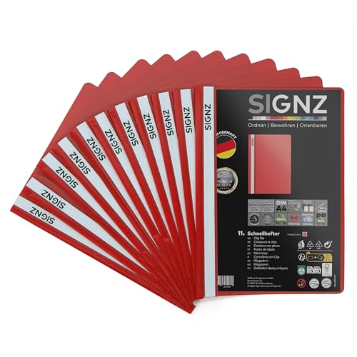 SIGNZ Schnellhefter DIN A4, stabil, 11 Stück, rot, transparenter Deckel, CO2-neutral hergestellt, aus recycelbarem Kunststoff (PP), FSC Mix 70%, made in Germany von signz
