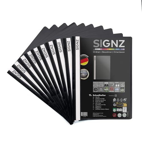SIGNZ Schnellhefter DIN A4, stabil, 11 Stück, schwarz, transparenter Deckel, CO2-neutral hergestellt, aus recycelbarem Kunststoff (PP), FSC Mix 70%, made in Germany von signz