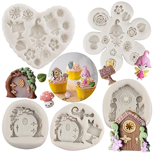 Sijiangmold Enchanted Vintage Fairy Garden Fairy Gnome Home Door Window Silicone Molds Flower Leaf Mushroom Fondant Mold For Cake Decorating Cupcake Topper Candy Chocolate Gum Paste Set Of 5 von sijiangmold