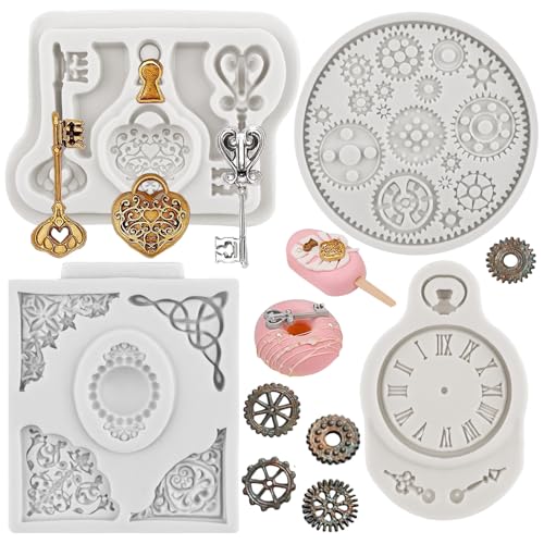 Sijiangmold Silikonform im Vintage-Stil, für Fondant, Steampunk, Zahnrad, Uhr, Barock-Edelsteine, für Cupcake-Aufsätze, Kuchendekoration, Süßigkeiten, Schokolade, Polymerton, Gummipaste, 4 Stück von sijiangmold