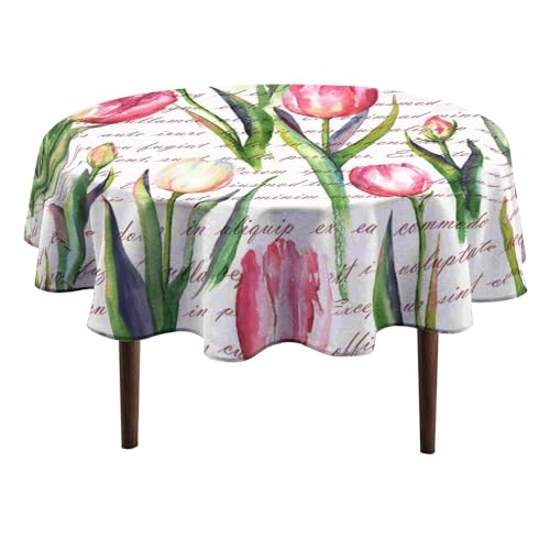 silichee Runde Tischdecke, waschbar, Polyester-Tischdecke, handgezeichnetes Aquarellmuster, rosa weiß, dekorative Bauernhaus-Tischdecke für Esszimmer, Party, Buffet, Hochzeit von silichee