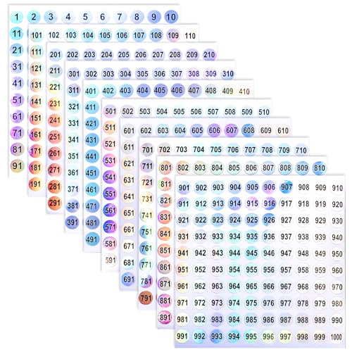 simarro Klebepunkte Nummer Naufkleber, 1-1000 Nummer 10 mm Wasserdichte Runde Aufkleber, Selbstklebende Holografische Zahlen Aufkleber zum Sortieren des Inventars Organisieren Codierung(1 Sets) von simarro