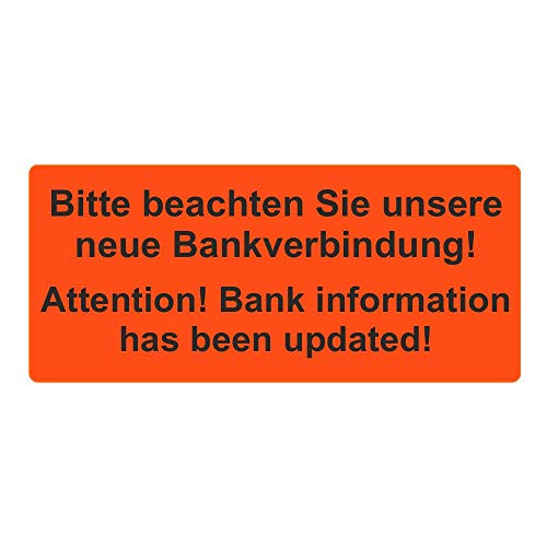 Aufkleber/Etiketten "Bitte beachten Sie unsere neue Bankverbindung! / Bank information has been updated!" auf Rolle - 56 x 25 mm - 1.000 Stück (Leuchtrot) von simhoa