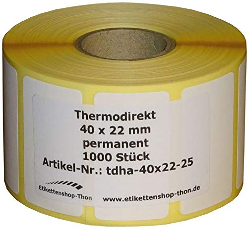 Thermo Etiketten auf Rolle - 40 x 22 mm - 1.000 Stück - Hülse 25 mm - permanent haftend - BPA free Thermo Etiketten auf Rolle - 40 x 22 mm - 1.000 Stück - Hülse 25 mm - permanent haftend - BPA free von simhoa