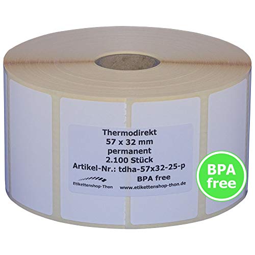 Thermo Etiketten mit Perforation auf Rolle - 57 x 32 - mm - 2.100 Stück - Hülse 25 mm - permanent haftend - BPA free Thermo Etiketten mit Perforation auf Rolle - 57 x 32 - mm - 2.100 Stück - Hülse 25 mm - permanent haftend - BPA free von Etikettenshop Thon
