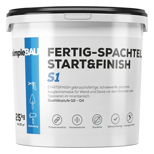 simpleBAU Start&Finish 25KG gebrauchsfertige Polymer-Spachtelmasse die vor dem Anstrich aufgetragen wird Leicht aufzutragen und zu schleifen. Farbe idealerweise weiß von simpleBAU