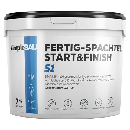 simpleBAU Start&Finish 7KG gebrauchsfertige Polymer-Spachtelmasse die vor dem Anstrich aufgetragen wird Leicht aufzutragen und zu schleifen. Farbe idealerweise weiß. Fertigspachtelmasse von simpleBAU