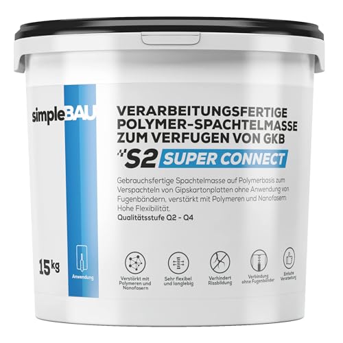 SimpleBau Super Connect 15 kg gebrauchsfertige Spachtelmasse auf Polymerbasis zum Verfugen von Gipskartonplatten ohne Verwendung eines Fugenbandes. Für Wände und Decken. Äußerst flexibel. von simpleBAU