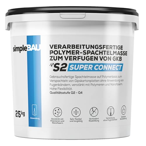 simpleBAU - Gebrauchsfertige Spachtelmasse Weiß 25 kg Super Connect auf Polymerbasis zum Verfugen von Gipskartonplatten ohne eines Fugenbandes, Reparaturspachtelmasse Innen für Wände und Decken simpleBAU - Gebrauchsfertige Spachtelmasse Weiß 25 kg Super Connect auf Polymerbasis zum Verfugen von Gipskartonplatten ohne eines Fugenbandes, Reparaturspachtelmasse Innen für Wände und Decken von simpleBAU