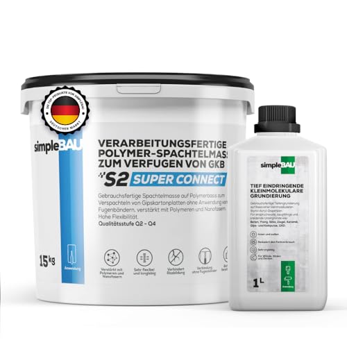 simpleBAU Spachtelmasse 15 kg und Tiefengrundierung 1L – Polymerbasierte Fertigspachtel für Gipskartonplatten und gebrauchsfertiger Tiefgrund für innen & außen Für Wände, Böden und Decken von simpleBAU