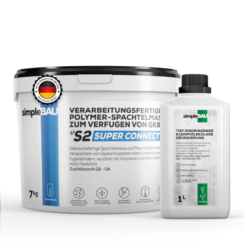 simpleBAU Spachtelmasse 7 kg und Tiefengrundierung 1L – Polymerbasierte Fertigspachtel für Gipskartonplatten und gebrauchsfertiger Tiefgrund für innen & außen Für Wände, Böden und Decken simpleBAU Spachtelmasse 7 kg und Tiefengrundierung 1L – Polymerbasierte Fertigspachtel für Gipskartonplatten und gebrauchsfertiger Tiefgrund für innen & außen Für Wände, Böden und Decken von simpleBAU
