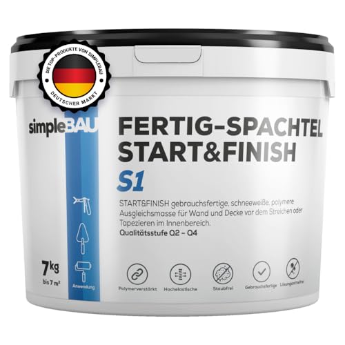 simpleBAU Spachtelmasse Weiß Innen 7 kg – Gebrauchsfertige Fertigspachtel für Wand & Decke, Polymer-Spachtelmasse Start&Finish – Glätten, Füllen & Reparieren, Staubfrei & Leicht Schleifbar von simpleBAU