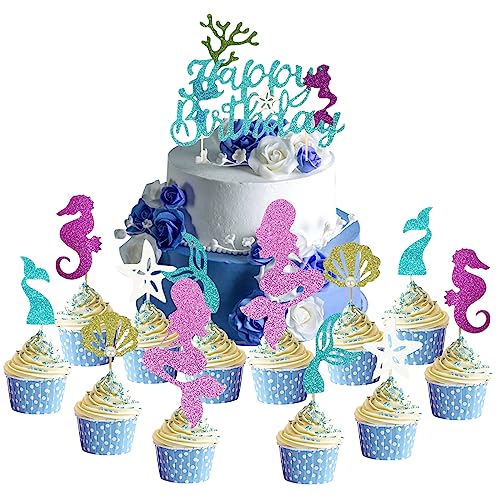 Simyron Cupcake Toppers,25 pcs Geburtstag Torte Topper,Meerjungfrau Kuchen Dessertdekoration Cupcake Deko Ocean Theme Kuchen Deko Meerjungfrau Glitter Kuchendeko von simyron