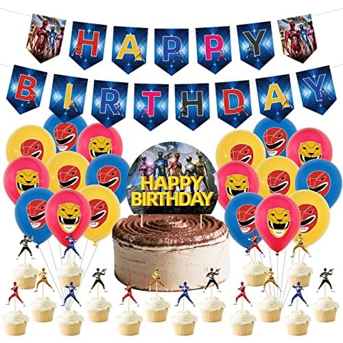 Power Rangers Geburtstag Dekorationen - simyron 36 Pcs Themed Geburtstag Dekorationen Power Rangers Happy Birthday Banner Cupcake Topper Luftballons für Jungen Themed Birthday von simyron