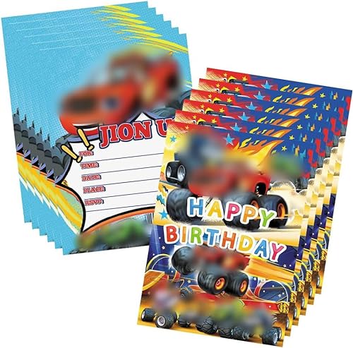 simyron Auto Einladungskarten 12 Stück Auto Einladungskarten Set lädt für Kinder Jungen Mädchen Geburtstag Blaze Party Feiern Themenparty ein17.2 x 12cm von simyron