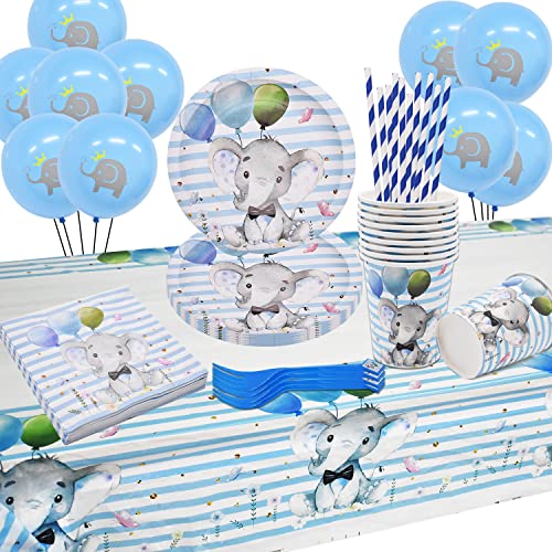 Baby Dusche Party - simyron 61 pcs Party Set Baby Elefant blau - Babyparty - Teller, Becher, Servietten, Tischdecke, Luftballons Geschirr-Set Kindergeburtstag von simyron