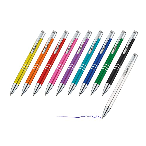 sin4sey 10er Set Metall-Kugelschreiber mit Zierringen - blau schreibend, Druckmechanismus, in trendigen Farben (Farben-Mix) von sin4sey