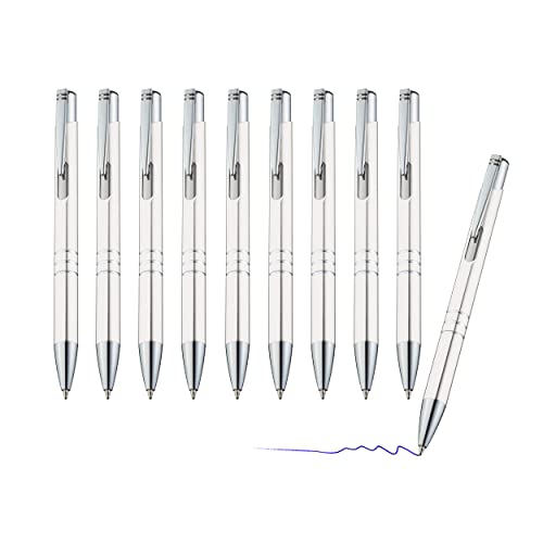 sin4sey 10er Set Metall-Kugelschreiber mit Zierringen - blau schreibend, Druckmechanismus, in trendigen Farben (Weiß) von sin4sey