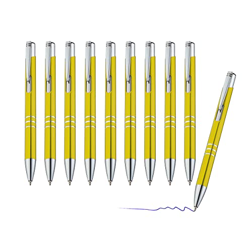 sin4sey 10er Set Metall-Kugelschreiber mit Zierringen - blau schreibend, Druckmechanismus, in trendigen Farben (Gelb) von sin4sey