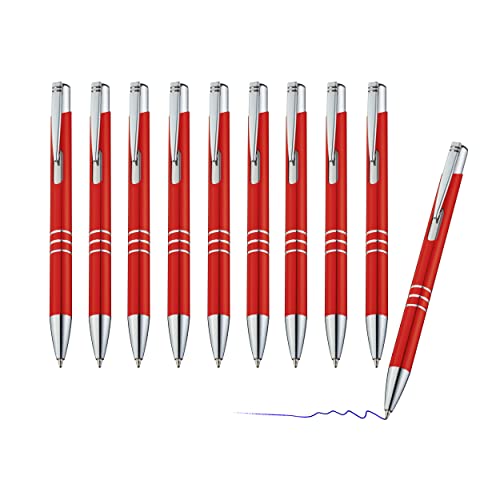 sin4sey 10er Set Metall-Kugelschreiber mit Zierringen - blau schreibend, Druckmechanismus, in trendigen Farben (Rot) von sin4sey
