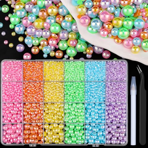 Flatback-Perlen zum Basteln, schillernde 3–8 mm Halbperlen mit Pickup-Werkzeugen, Bedazzling-Perlen für DIY-Handwerk, Nagelkunst (11–24 Fächer, schillernd) von sinyanail