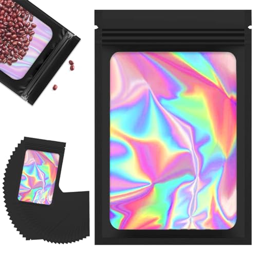 10,5 x 15 cm Holografische Beutel, 100 Stück Mylar Bags mit Transparentem Fenster für Lagerung Kleinigkeiten, Kaffee, Süßigkeiten, Schwarz von sinzau