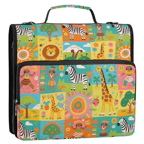 Afrikanisches Tier, Giraffe, Tier, bunt, 3 Ringe, Ordner, Organizer mit Schultergurt, wasserdicht, Dokumentenmappe für Mittelschüler von siphylline