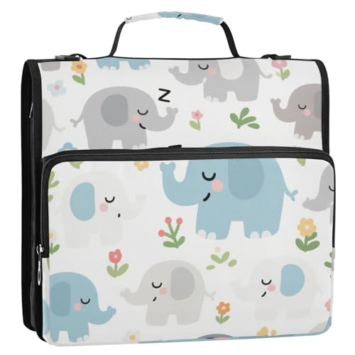 Aktenordner mit 3 Ringen, Cartoon-Elefantenmotiv, mit extra Taschen, mit Schultergurt, inklusive Reißverschlusstasche, Dokumenten-Organizer für Schule/Büro von siphylline