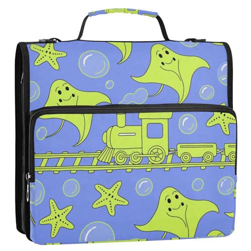 Animal Manta Ray Green Train 3 Ringe, stabiler Reißverschluss, Ordner mit Schultergurt und Griff, inklusive Reißverschlusstasche, Dokumenten-Organizer für Schule und Büro von siphylline
