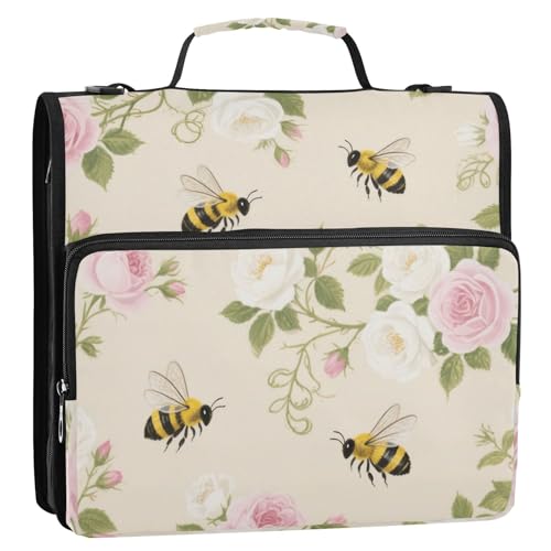 Aquarell-Rosen-/Bienen-Organizer mit 3 Ringen, Organizer mit Griff, mehrere Taschen, Dokumenten-Organizer, Tasche für Büro, Schule, 3,8 cm, Rosa / Creme von siphylline