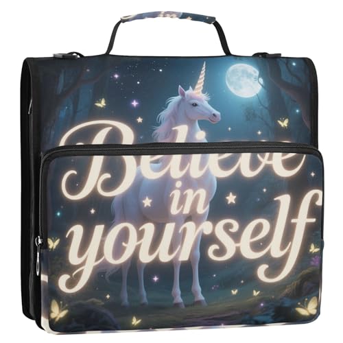 Believe in Yourself Aktenordner mit niedlichem Tier-Einhörner, 3 Ringe, 3,8 cm, mit Reißverschluss, mit Schultergurt, einfach zu transportieren, Dokumentenordner, Organizer, geeignet für Mittelschule von siphylline