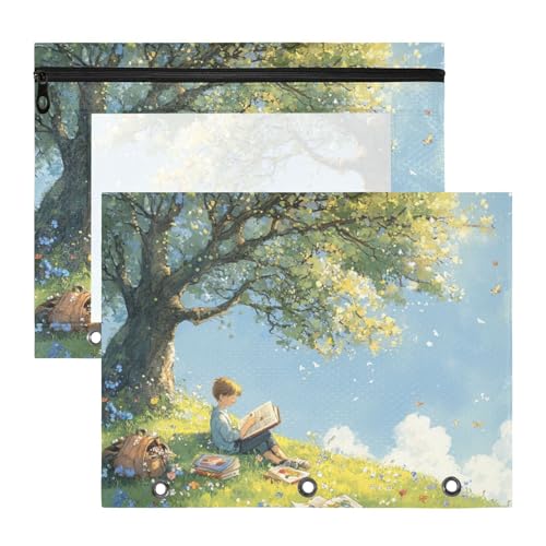 Binder-Bleistiftbeutel, 3 Löcher, Aufbewahrungstasche für A4-Papier, Briefe, 2 Stück, Lehrer, Schulanfang, Gras, Baum, Junge lesen Binder-Bleistiftbeutel, 3 Löcher, Aufbewahrungstasche für A4-Papier, Briefe, 2 Stück, Lehrer, Schulanfang, Gras, Baum, Junge lesen von siphylline