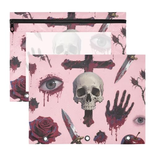 Binder-Federmäppchen mit Reißverschluss, Kunststoff-Dokumentenmappe für A4-Papier, Briefe, 2 Stück, Studenten, College, Gothic, rote Rose, Totenkopf Binder-Federmäppchen mit Reißverschluss, Kunststoff-Dokumentenmappe für A4-Papier, Briefe, 2 Stück, Studenten, College, Gothic, rote Rose, Totenkopf von siphylline