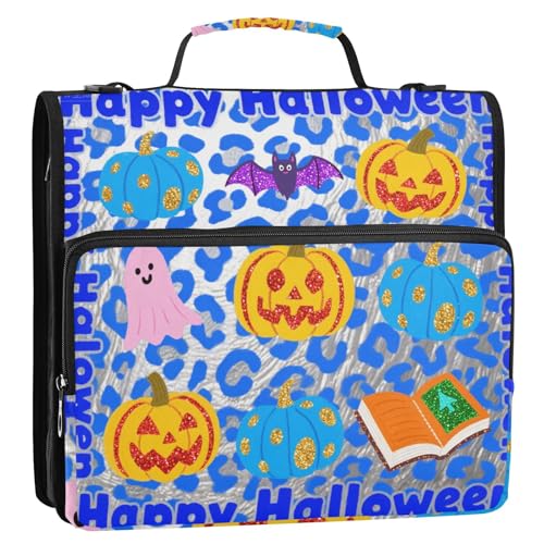 Blauer Glitzer-Leopardenmuster, Halloween-Kürbis, 3,8 cm, 3 Ringe, Schul-Reißverschluss, Ordner mit Schultergurt, mehrere Taschen, Dokumentenmappe für die Mittelschule von siphylline