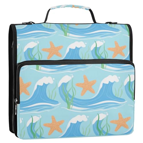 Blue Ocean Waves Organizer mit 3 Ringen und Schultergurt und Griff, mehrere Taschen, Dokumentenmappe, Organizer für Büro, Schule von siphylline