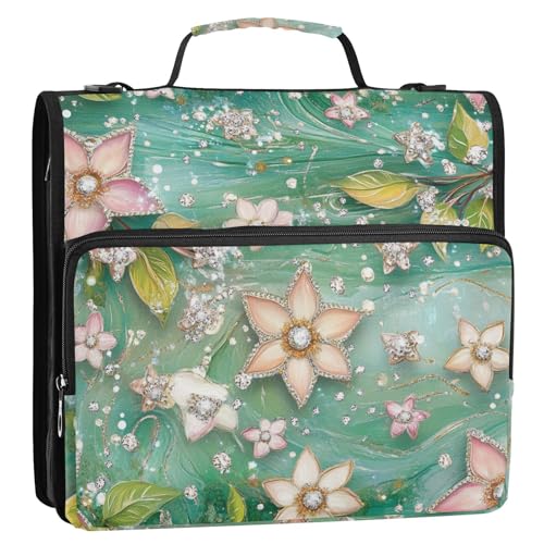 Blumen-Organizer mit glitzerndem Glanz, 3,8 cm, 3 Ringe, Organizer mit Griff und abnehmbarem Schultergurt, inklusive Reißverschlusstasche, Dokumenten-Organizer für die Schule von siphylline