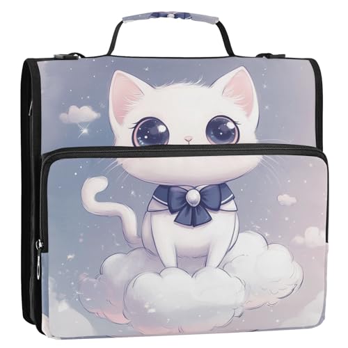 Büroordner mit niedlichem Cartoon-Katzenmotiv, 3,8 cm, 3 Ringe, mit Schultergurt und Griff, mit Reißverschluss, Portfolio für Mittelschüler von siphylline