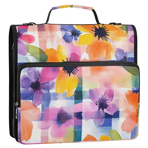 Buffalo Plaid Flowers 3,8 cm 3 Ringe Ordner mit Reißverschluss mit Griff und abnehmbarem Schultergurt Laege Kapazität Schulordner Organizer geeignet für Mittelschule von siphylline