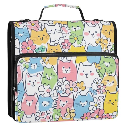 Bunte Cartoon-Katzen, 3,8 cm, Organizer mit 3 Ringen und Schultergurt, wasserdicht, Dokumentenmappe für Mittelschüler von siphylline