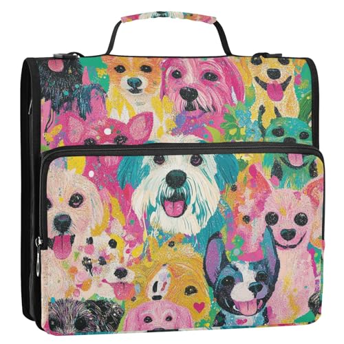 Bunte ästhetische Kunst Hunde 3 Ringe 3,8 cm Organizer Ordner mit Schultergurt und Griff, mehrere Taschen, Dokumentenmappe für Schule und Büro von siphylline