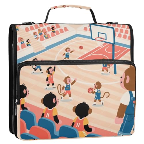 Cartoon-Affe, Basketballspiel, rot, 3,8 cm, 3 Ringe, Büroordner, Organizer mit Gurt, mehrere Taschen, Dokumentenmappe, Organizer für die Schule von siphylline