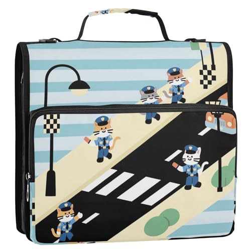 Cartoon Cute Cat Officer 3,8 cm 3 Ringe Organizer Ordner mit Griff und abnehmbarem Schultergurt, wasserdicht, Dokumentenmappe für Mittelschule von siphylline