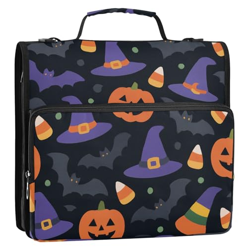 Cartoon Halloween Magic Hats Jack-o'-Laternen und Fledermäuse 3,8 cm 3 Ringe Organizer Ordner mit Gurt inklusive Reißverschlusstasche Schulordner Organizer für Mittelschule von siphylline