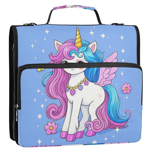 Cartoon-Ordner mit niedlichem Regenbogen-Einhörner, 3,8 cm, mit extra Taschen mit Schultergurt und Griff, inklusive Reißverschlusstasche, Dokumenten-Organizer-Tasche, geeignet für Mittelschule von siphylline
