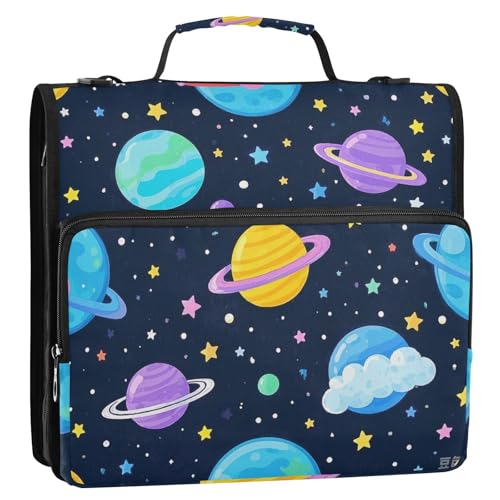 Cartoon-Ordner mit niedlichem buntem Planeten, 3,8 cm, 3 Ringe, Reißverschluss, mit Schultergurt, mehrere Taschen, Schulordner, Organizer für Büro, Schule Cartoon-Ordner mit niedlichem buntem Planeten, 3,8 cm, 3 Ringe, Reißverschluss, mit Schultergurt, mehrere Taschen, Schulordner, Organizer für Büro, Schule von siphylline