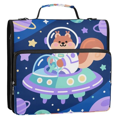 Cartoon-Organizer mit niedlichem Astronauten-Eichhörnchen, 3,8 cm, 3 Ringe, Reißverschluss, mit Riemen, Kapazität, Dokumenten-Organizer, Tasche für Schule und Büro, Violett von siphylline