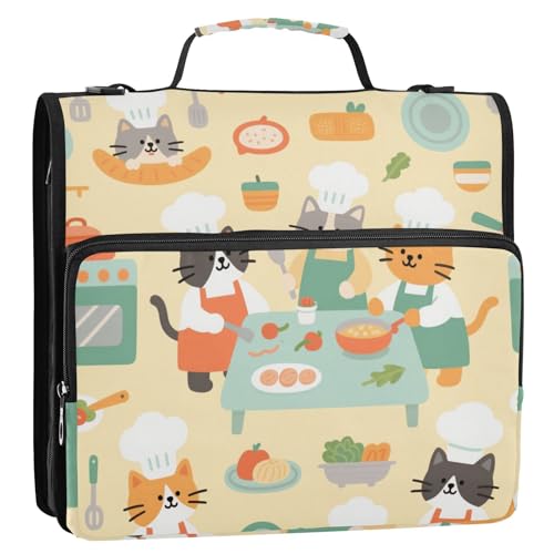 Cartoon-Organizer mit niedlichem Katzen-Koch, mit 3 Ringen, Reißverschluss, mit Griff und abnehmbarem Schultergurt, mehrere Taschen, Schulordner, Organizer für Schule/Büro von siphylline