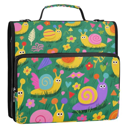 Cartoon-Organizer mit niedlicher Schnecke und Blumen, bunt, 3,8 cm, 3 Ringe, Organizer mit Schultergurt, inklusive Reißverschlusstasche, Dokumenten-Aufbewahrungstasche für Mittelschule von siphylline