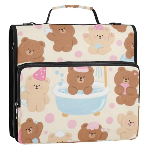 Cartoon-Teddybär, 3,8 cm, 3 Ringe, Reißverschluss, Organizer mit Schultergurt, mehrere Taschen, Dokumentenmappe, Organizer, geeignet für Mittelschule von siphylline